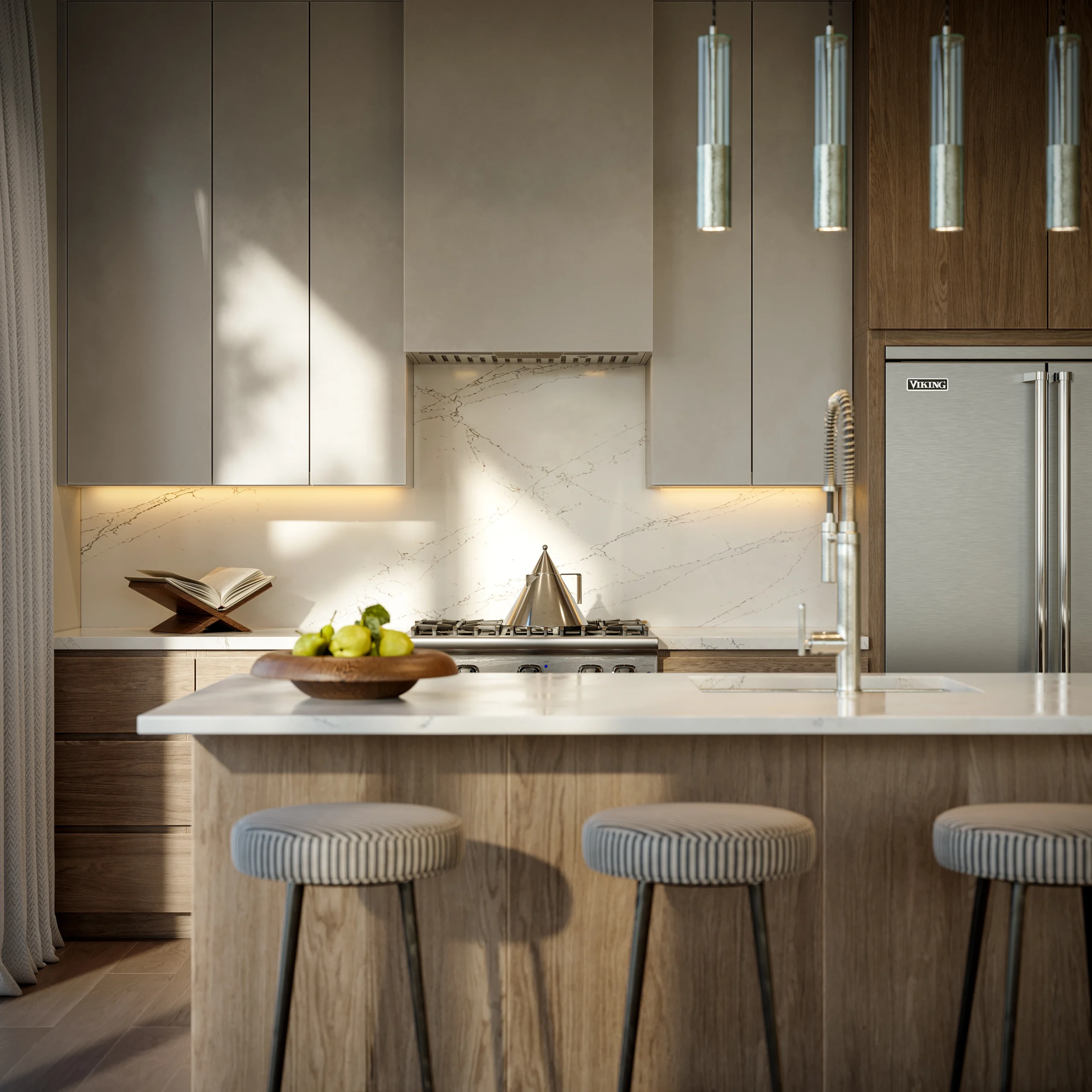Kitchens incorporate refined finishes and streamlined design