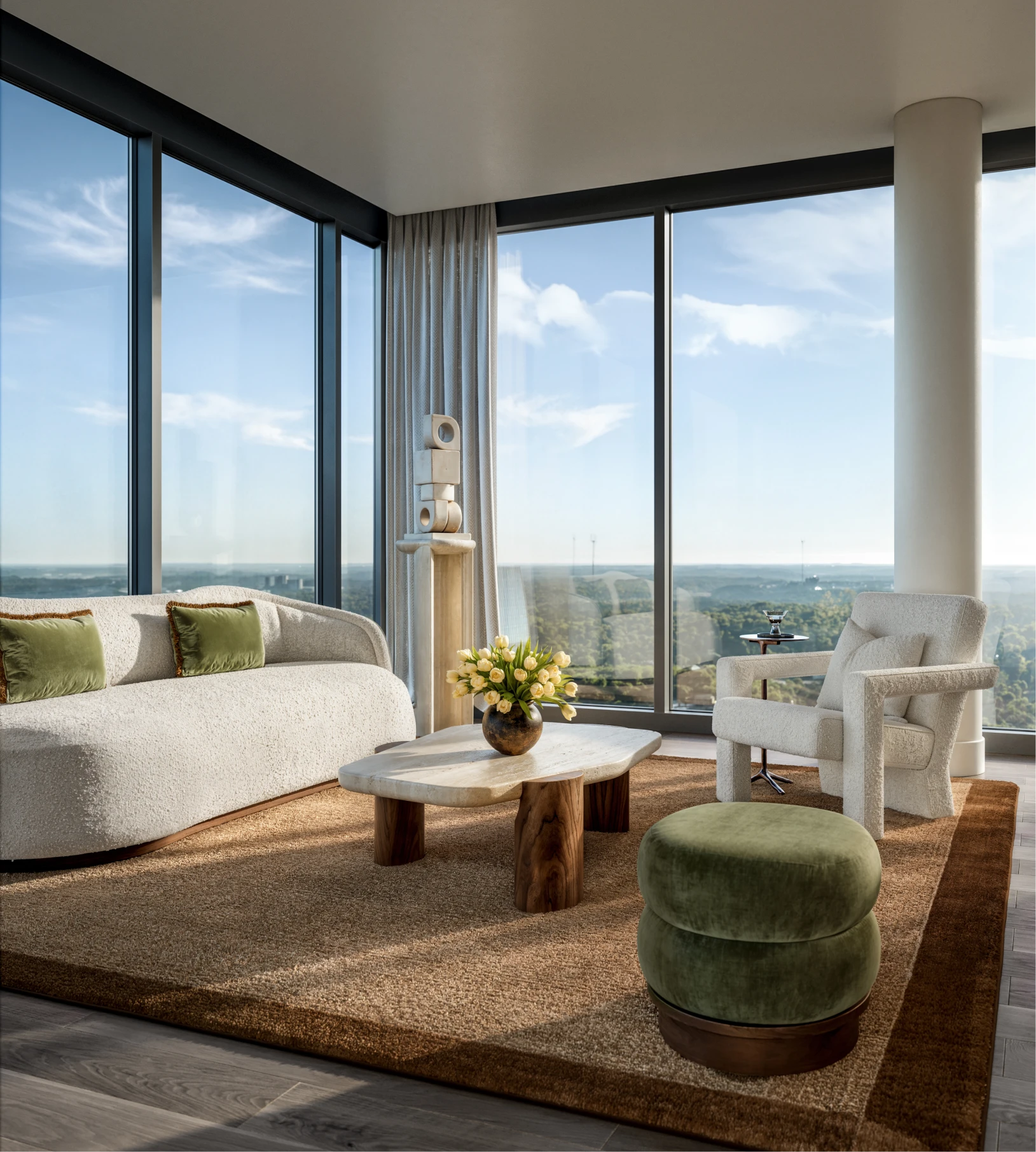 Alina interiors offer a soothing escape from the city below