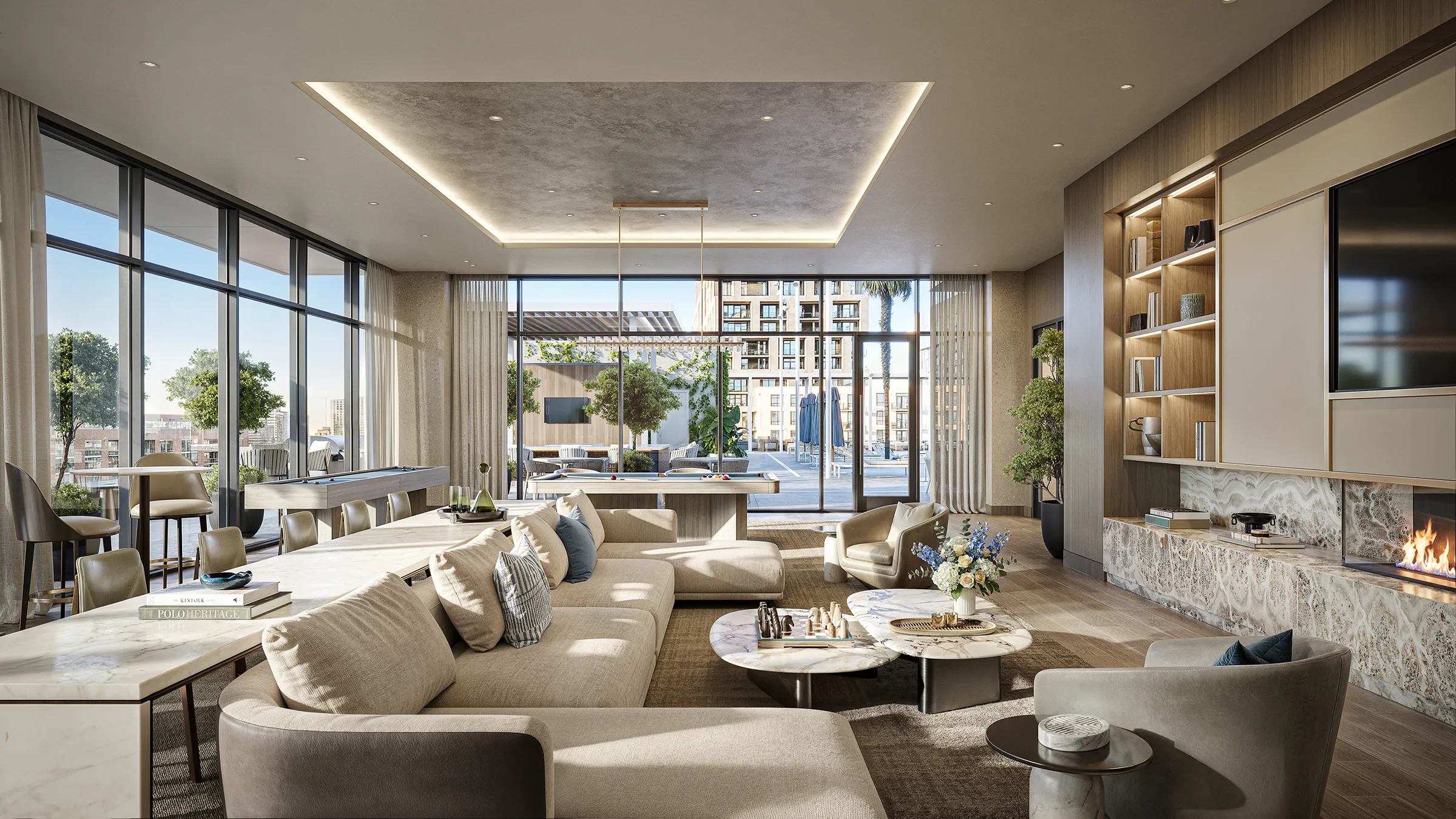 Indoor/outdoor porch lounge with pool views
